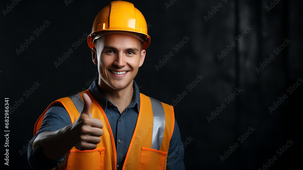 Smiling male worker showing thumbs up on black background, copy space Smiling male worker showing thumbs up on black background, copy space
