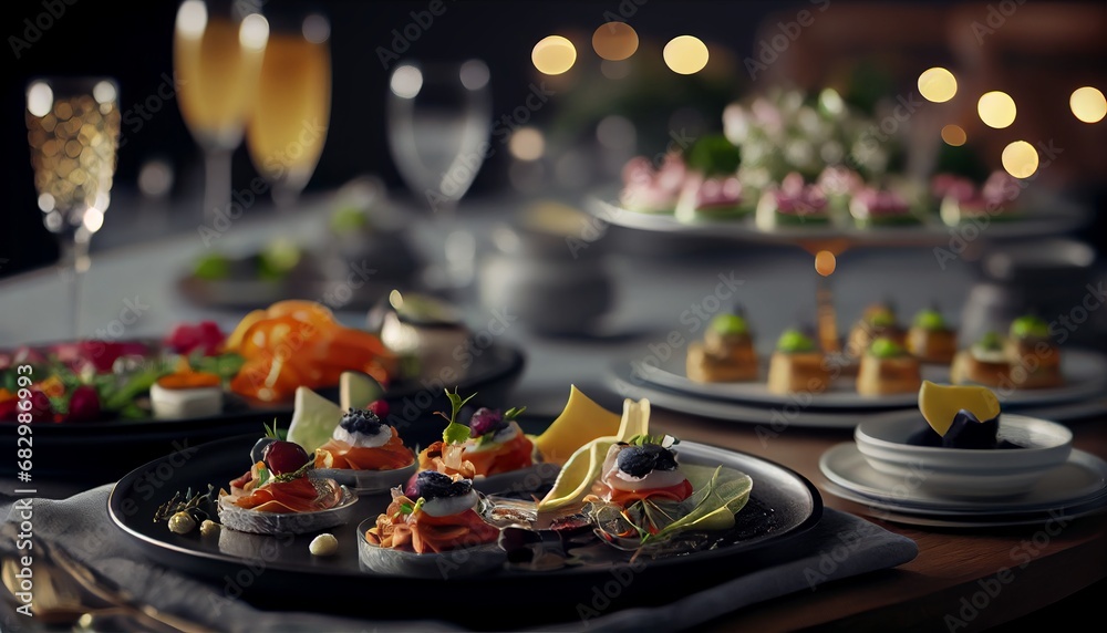 Catering table with various creative and delicious food: canape, snacks and appetizers. Catering plate. Assortment of sandwiches and tartlets on the buffet table. Meat, fish, vegetable canapes.