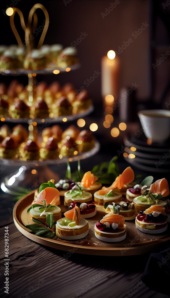 Catering table with various creative and delicious food: canape, snacks and appetizers. Catering plate. Assortment of sandwiches and tartlets on the buffet table. Meat, fish, vegetable canapes.