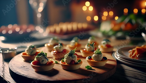 Catering table with various creative and delicious food: canape, snacks and appetizers. Catering plate. Assortment of sandwiches and tartlets on the buffet table. Meat, fish, vegetable canapes. photo