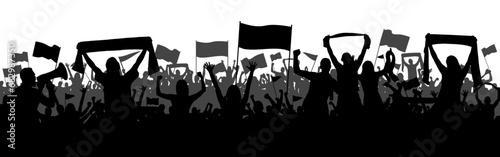 Sports background with soccer Football supporters in silhouette flat design. Male and female fans with hands in the air, banners, flags, scarfs. Design with two layers and gray crowd behind black crow photo