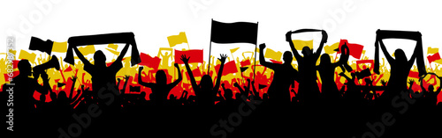 Sports background with german soccer Football supporters in silhouette flat design. Male and female fans with hands in the air, banners, flags, scarfs. Design with three layers in german flag colors b