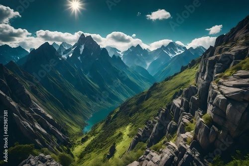A rugged mountain range, with towering peaks of jagged stone and deep valleys filled
