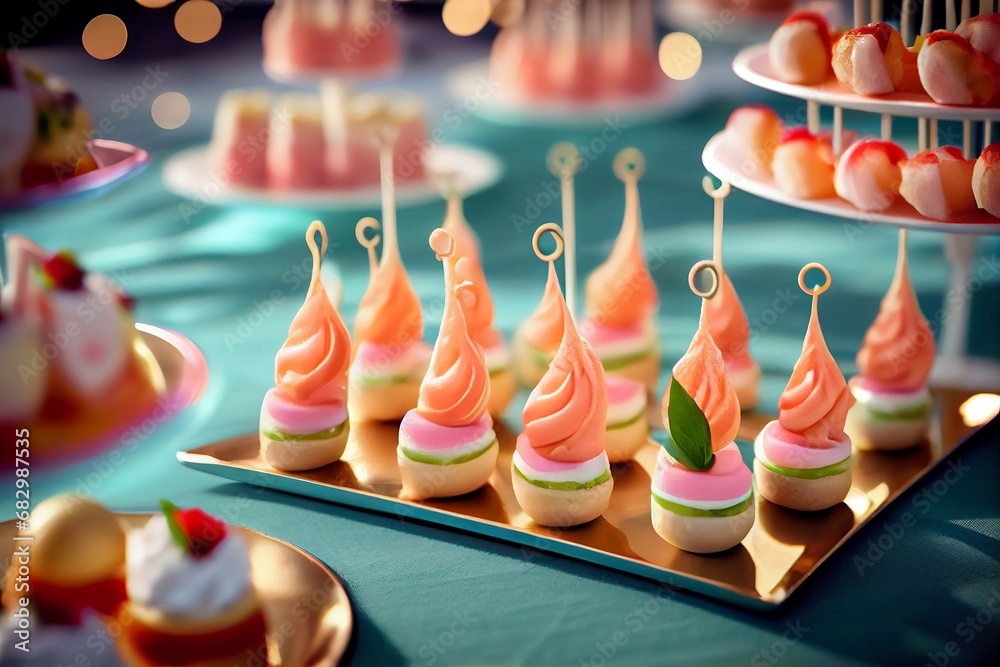 Catering table with various creative and delicious food: canape, snacks and appetizers. Catering plate. Assortment of sandwiches and tartlets on the buffet table. Meat, fish, vegetable canapes. - obrazy, fototapety, plakaty 