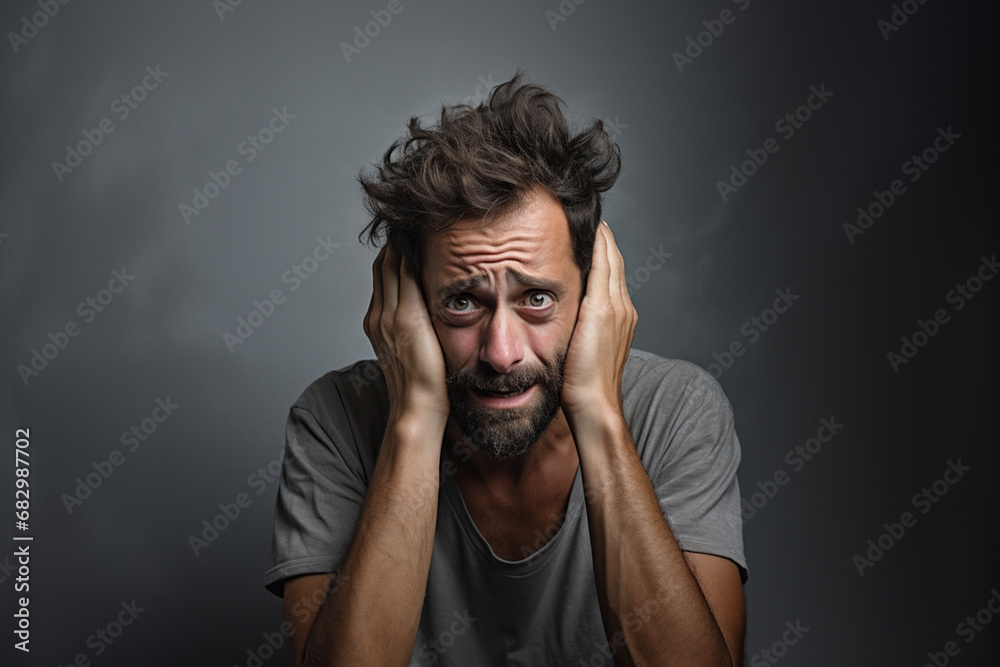 Depressed frustrated adult man cover ears suffering from grieve, migraine, feeling stressed, sick, tired, thinking over bad news, crisis depression emotional problems do not want to hear concept