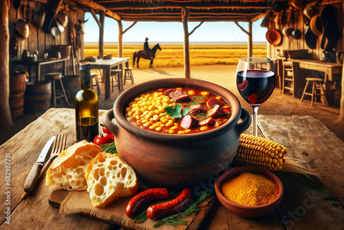 Picture a hearty Argentinian Locro, a thick stew with hominy corn, beef, and chorizo, served in a rustic earthenware pot. Illustration for banner, food menu background, poster, brochure, cover photo. photo
