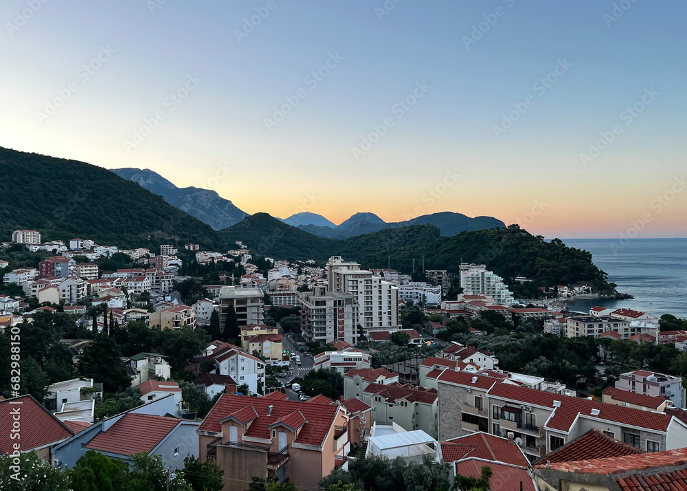 Montenegro, city of Petrovac. Beautiful view of the evening city. Sunset.