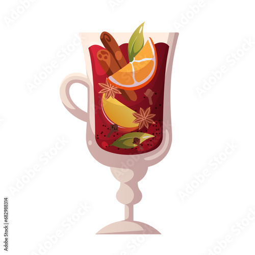 Vector illustration of mulled wine in glass with citrus and spices isolated on white background.