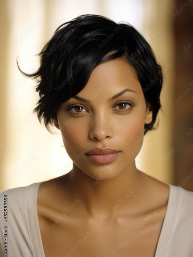 Fototapeta premium Beautiful blonde woman with a fashionable pixie haircut. Women's beauty and fashion.