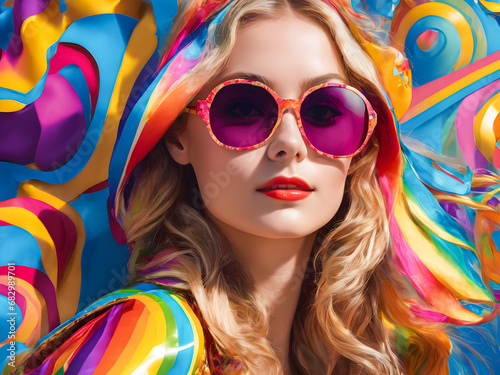 portrait of beautiful girl in sunglasses on colorful background  summer concept