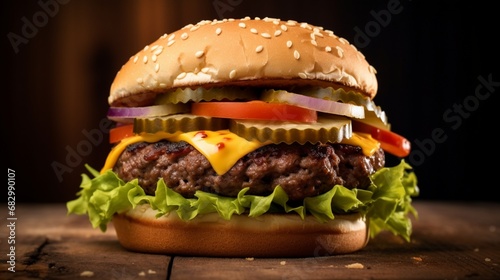 A close-up shot of a sizzling hamburger with melting cheese and crisp lettuce against a rustic background.