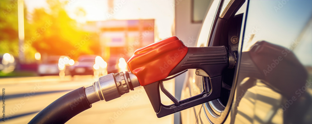 Close-up photo of a car filling up with gas at a gas station, refueling - obrazy, fototapety, plakaty 