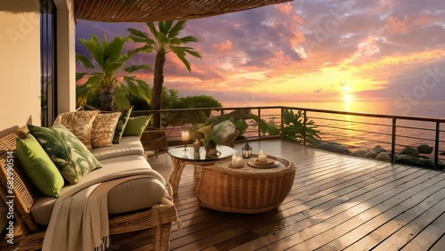 Watching the sunset from the terrace of a tropical beach resort hotel. A luxurious relaxing time. Generative AI.  photo