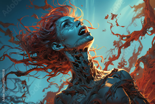 female zombie, close-up portrait. undead, drowned, ghoul girl. negative character. colorful illustration.