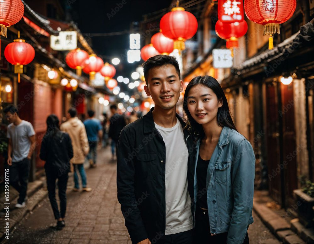 photo of happy beautiful young teenage lover couple asian at chinatown street at night, generative AI