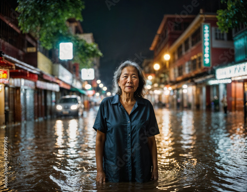 photo of senior asian woman during heavy rain and flood on road at chinatown street at night, generative AI