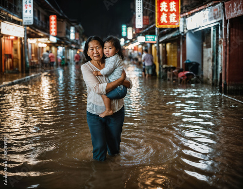 photo of middle aged asian woman with daughter during heavy rain and flood on road at chinatown street at night, generative AI © Flash