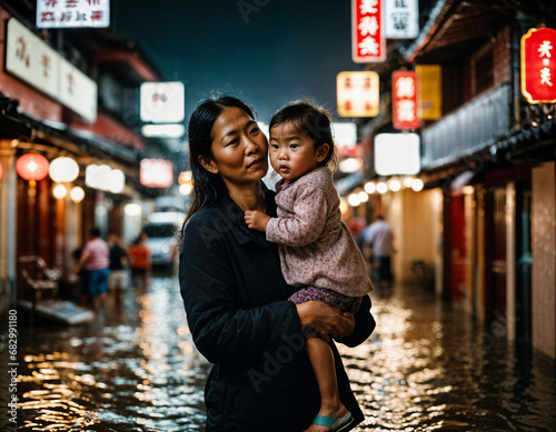 photo of middle aged asian woman with daughter during heavy rain and flood on road at chinatown street at night, generative AI