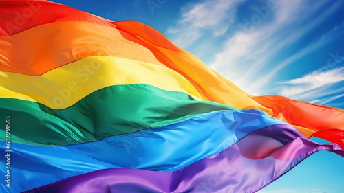 close up view of a rainbow flag floating in a clear blue sky AI generated photo
