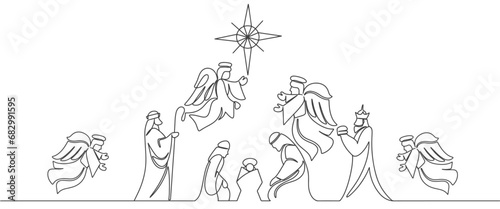 line art drawing. Bible Merry christmas scene of holy family. Vector illustration photo