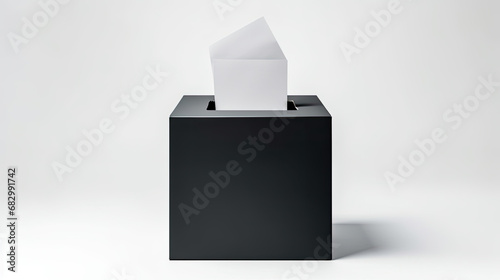 Black ballot box with voting sheet for elections with white background.