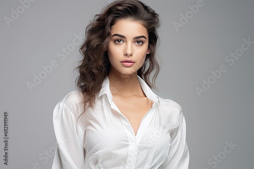 A happy and stylish young Caucasian woman with brown wavy hair in a clean studio portrait.