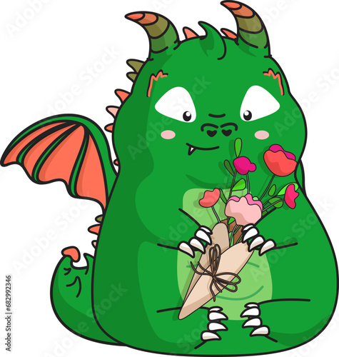 Cute cartoon green dragon with a bouquet of flowers.