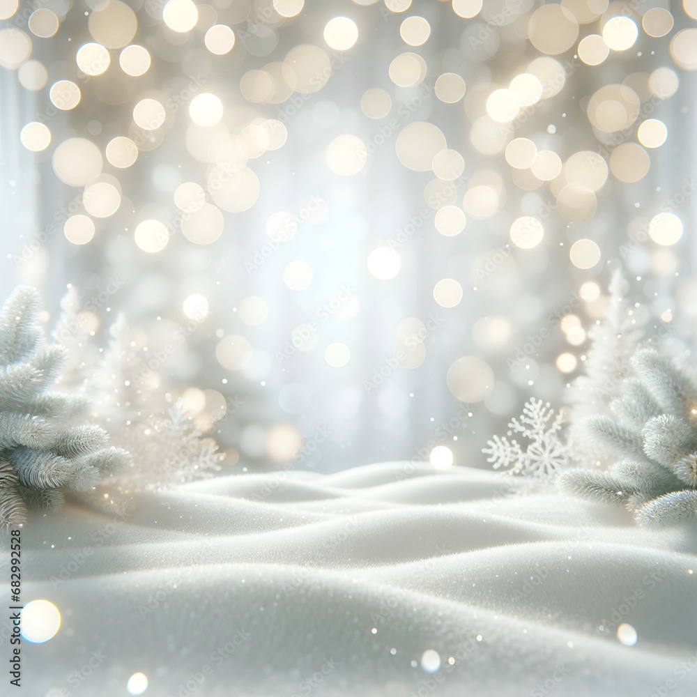 Christmas background with snow and bokeh lights.