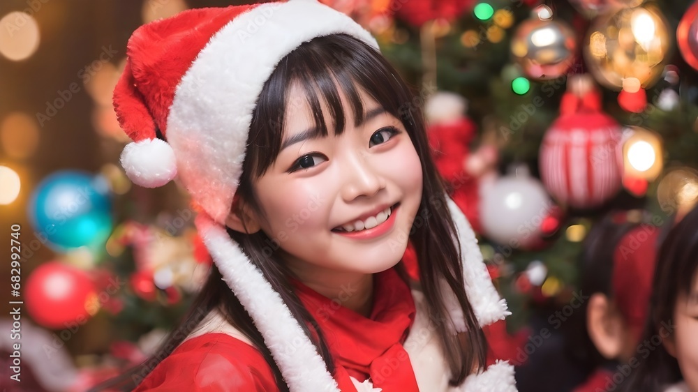 Happy Asian Girl In Christmas Party Background Happy Asian Girl In Christmas Party Background