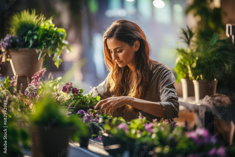 A skilled decorator arranging vibrant fresh flowers for an event, surrounded by blossoms A skilled decorator arranging vibrant fresh flowers for an event, surrounded by blossoms