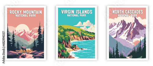 North Cascades, Rocky Mountain, Virgin Islands, Illustration Art. Travel Poster Wall Art. Minimalist Vector art.