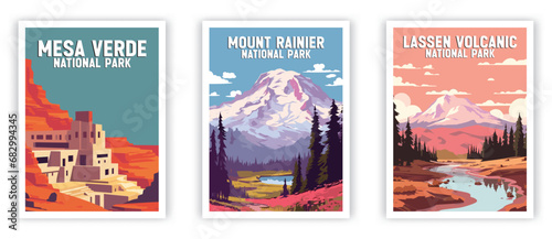 Lassen Volcanic, Mesa Verde, Mount Rainier, Illustration Art. Travel Poster Wall Art. Minimalist Vector art. photo