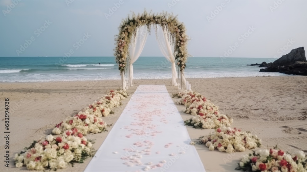 Naklejka premium Scenic wedding arch of flowers on a sandy beach, framed against the backdrop of the sea. A romantic seaside ceremony, blending natural beauty with the elegance of floral decor.