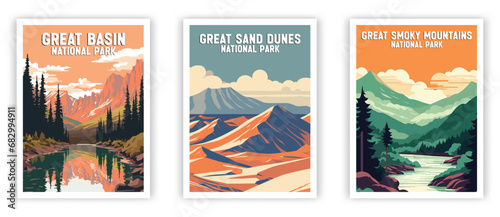 Great Basin, Great Sand Dunes, Great Smoky Mountains, Illustration Art. Travel Poster Wall Art. Minimalist Vector art. photo