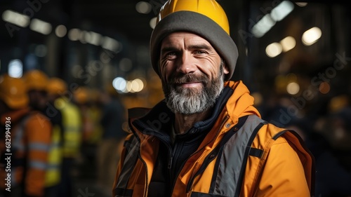 Smiling Mature Worker. Male Engineer in Safety Vest at Manufacturing or Construction Site, Radiating Positive Energy and Exemplary Work