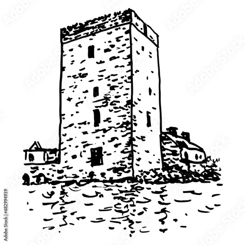 Thoor Ballylee Castle. View of historical Irish tower house in County Galway, Ireland. Yeats Tower. Hand drawn linear doodle rough sketch. Black silhouette on white background.