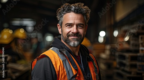 Smiling Mature Worker. Male Engineer in Safety Vest at Manufacturing or Construction Site, Radiating Positive Energy and Exemplary Work © Alexander Beker