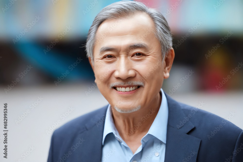 Smiling old Asian man wearing suit blurred background