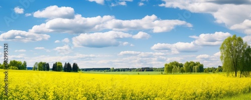 Summer field with yellow little flowers framed bij big imposant trees and a diep blue sky with fluffy clouds photo