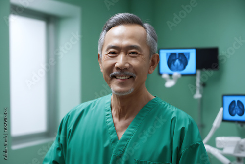 Smiling old Asian doctor wearing green surgical gown with blurred surgery room background