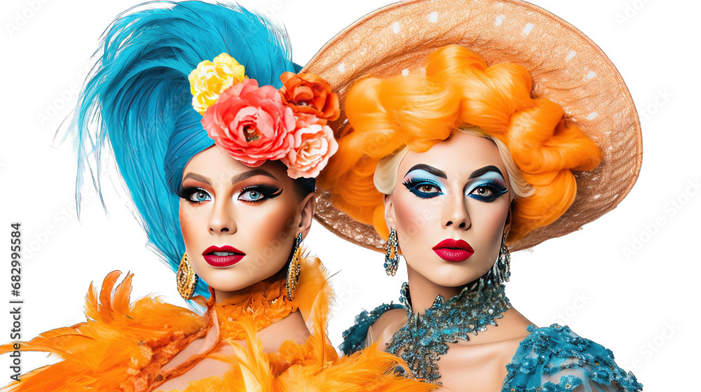 Obraz premium Two drag queens in blue and orange costumes and extravagant make-up. Graphic resource png. 