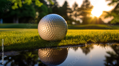 Golf ball on a green manicure course, closeup view with concept of reflection photography by the pond