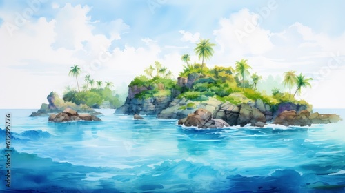 A dreamlike uninhabited tropical island in the middle of an azure ocean, watercolor painted