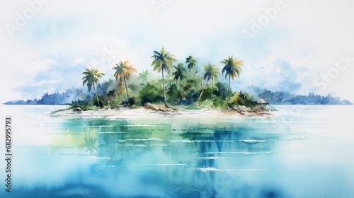 A dreamlike uninhabited tropical island in the middle of an azure ocean