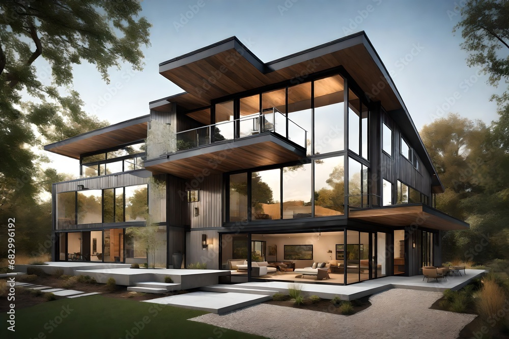 a sleek, modern exterior design for a home, incorporating clean lines, large windows, and a neutral color palette