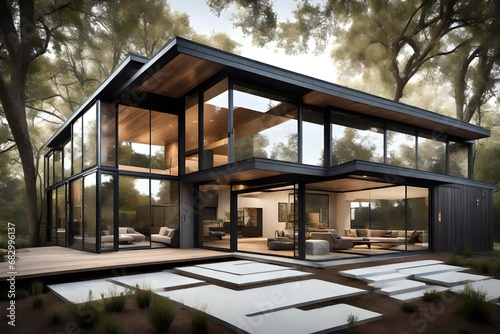 a sleek, modern exterior design for a home, incorporating clean lines, large windows, and a neutral color palette