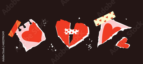 Collage art with vintage paper hearts torn elements set. Happy valentine's day concept for greeting cards, poster. Trendy Vector illustration.