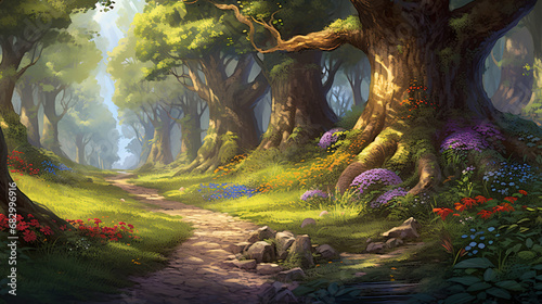 A Whimsical Journey through a Fairytale Forest with Enchanted Creatures and Mystical Landscapes