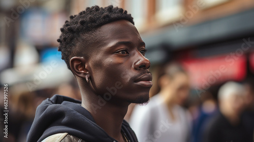 Street portrait of serious African American man. 