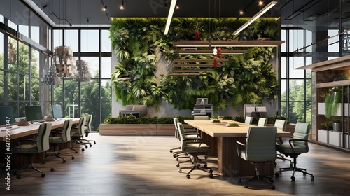 Modern, Minimalist, and Trendy Office Interior with Green Wall and Wooden Furniture